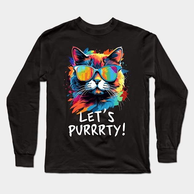 Party Cat in Sunglasses Men Women 90s Retro Pun Funny Cat Long Sleeve T-Shirt by KsuAnn